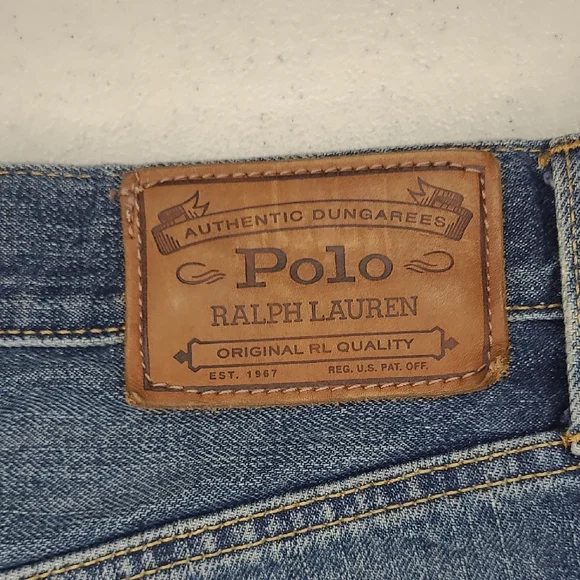 SZ11 Polo Ralph Lauren Denim Jean Shorts w/ Leather Patch - Picture 2 of 11